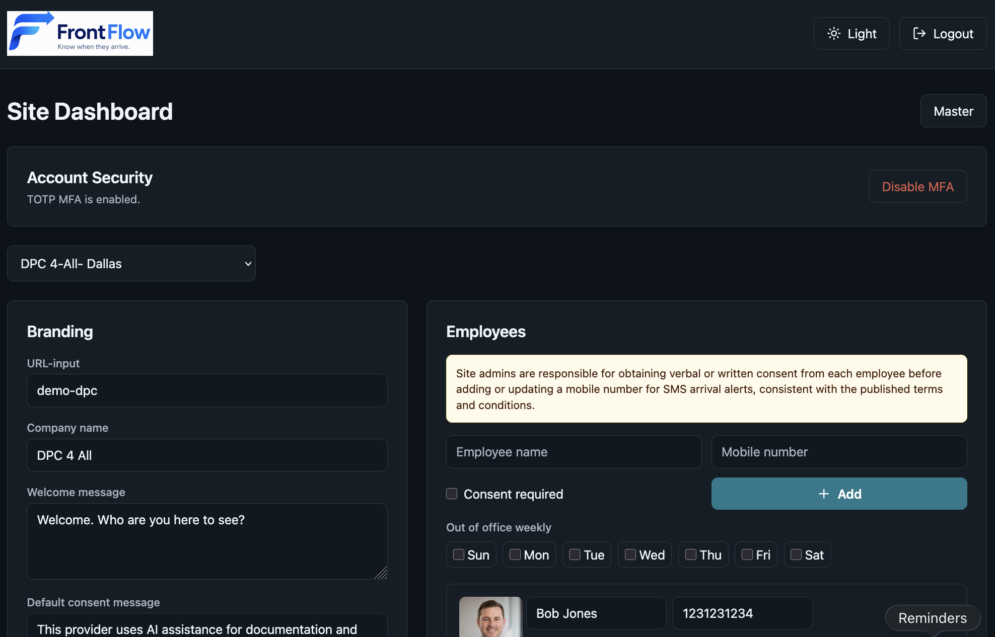 FrontFlow admin dashboard with check-in activity and location controls