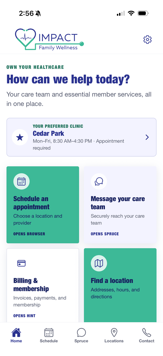 Screenshot of the Impact Family Wellness mobile app home screen showing scheduling, messaging, billing, locations, and contact options.