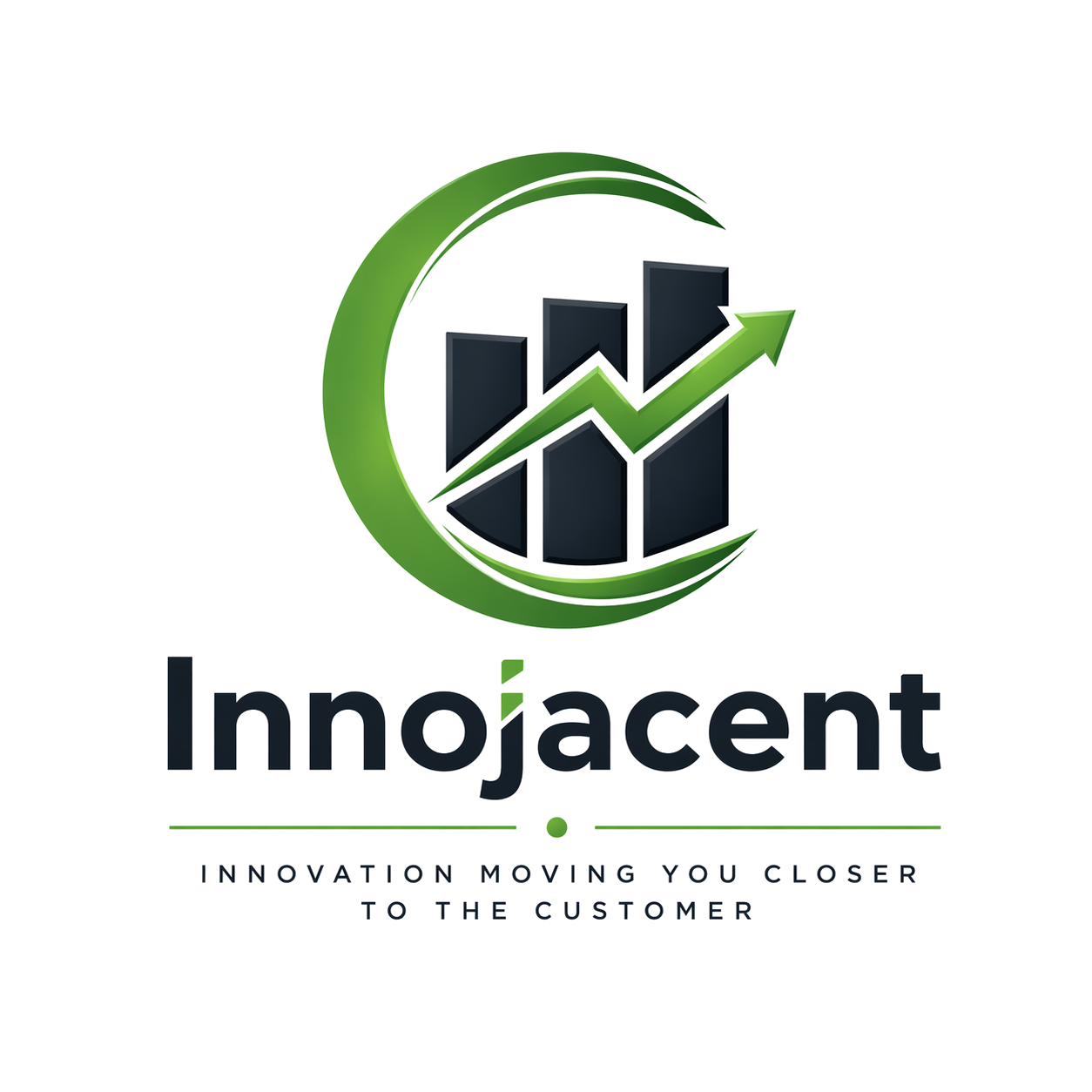Redesigned Innojacent logo with growth chart, upward arrow, and the tagline Innovation Moving You Closer to the Customer.